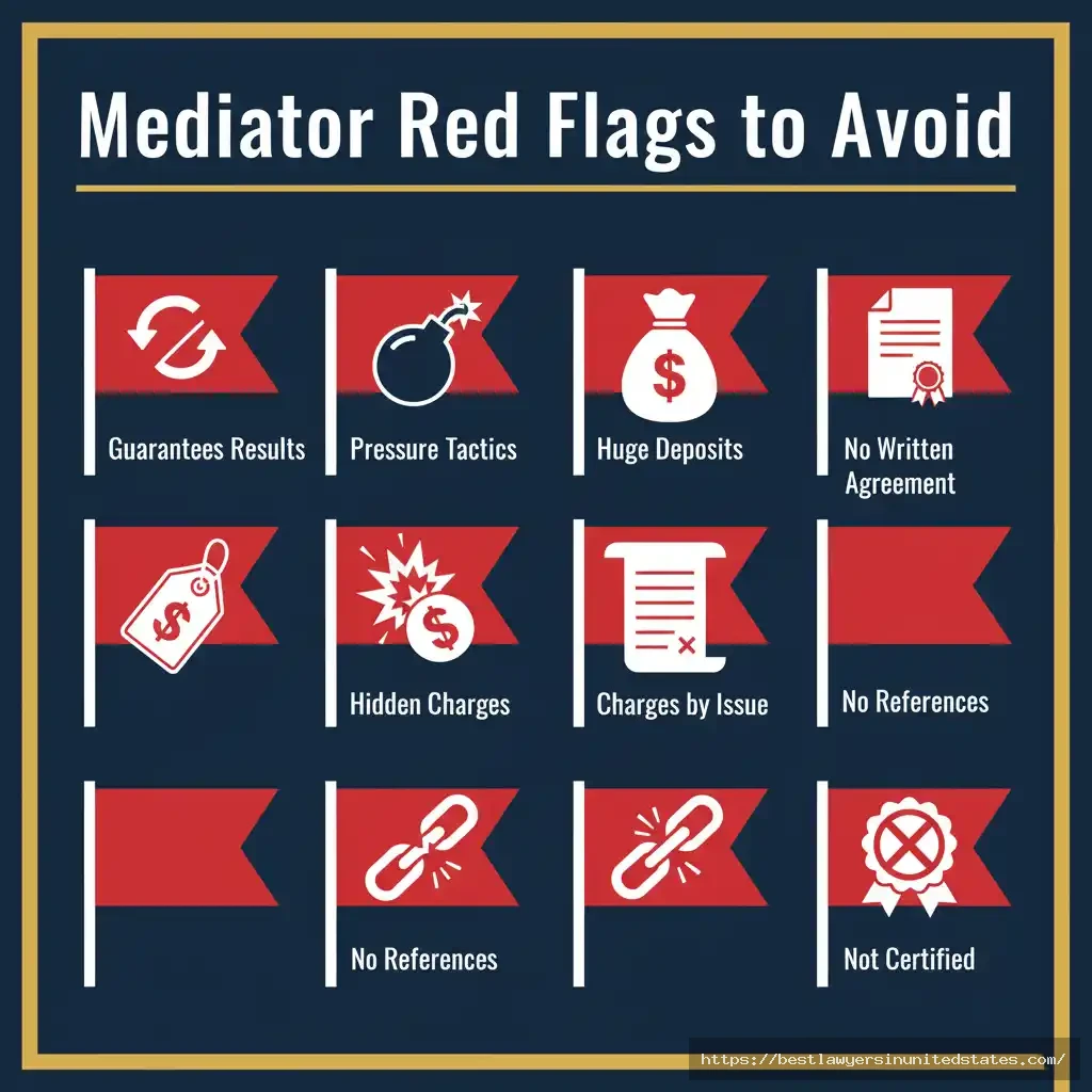 Eight red flag warning signs to avoid when choosing a divorce mediator including guarantees, pressure tactics, and hidden charges