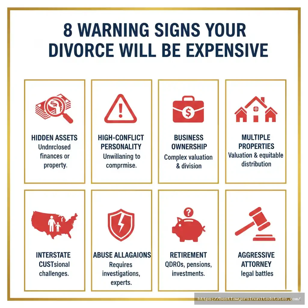 Eight warning signs indicating a contested divorce will be expensive including hidden assets, business ownership, and custody disputes