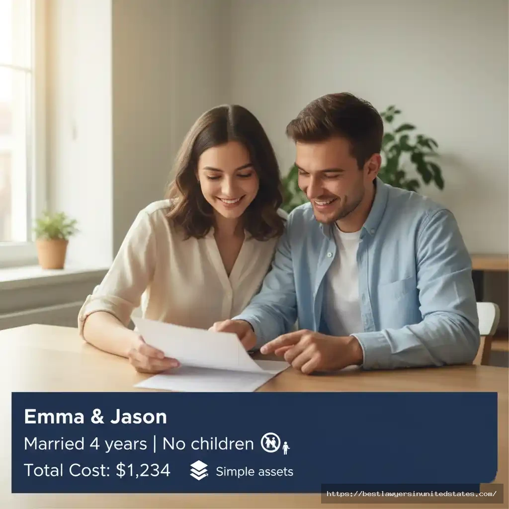Emma and Jason simple California divorce case study costing $1,234 for uncontested 4-year marriage with no children