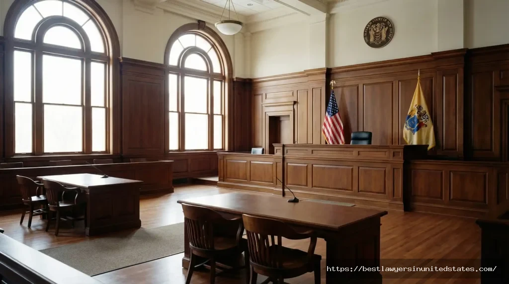 Empty New Jersey family courtroom showing judge's bench and attorney tables where divorce cases are heard