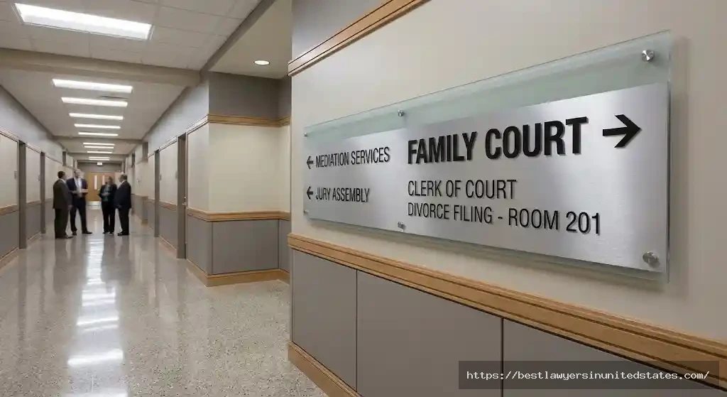 Family Court clerk office sign in courthouse hallway where divorce petitions are filed and processed