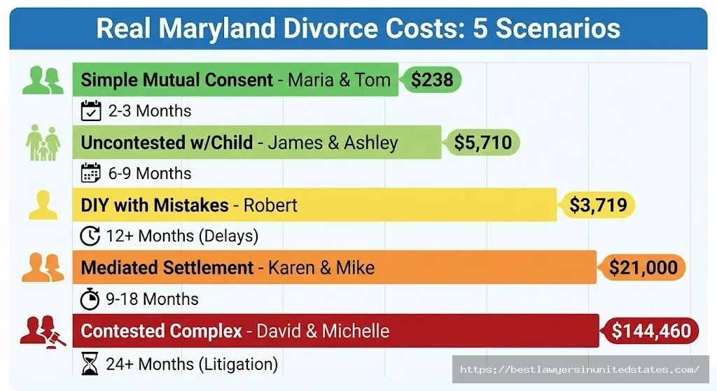 Five real Maryland divorce cost scenarios comparison showing simple mutual consent at $238