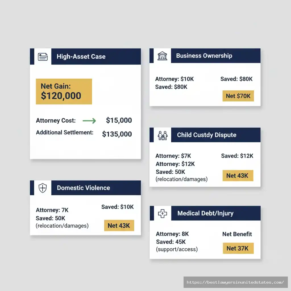 Five scenarios where expensive California divorce attorneys save money including high-asset cases gaining $120K net after $15K attorney fees