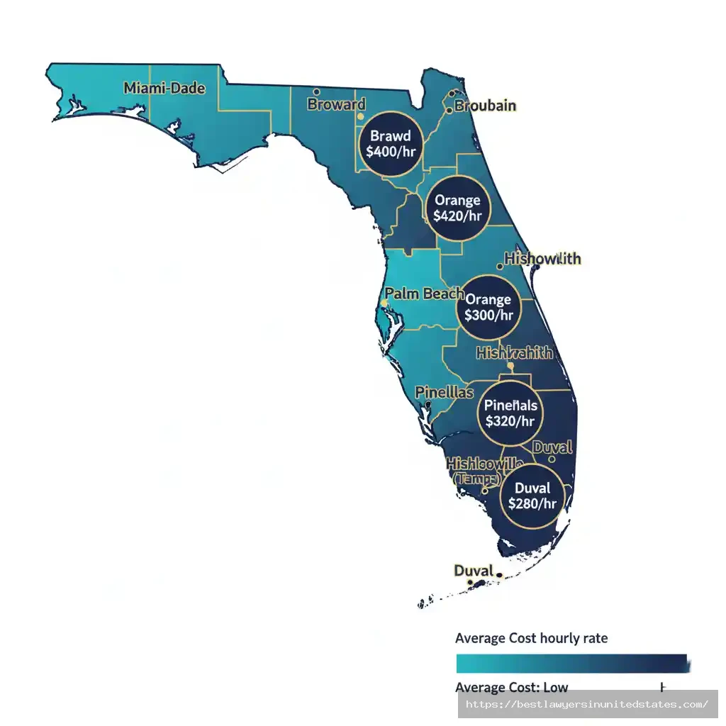 Florida county divorce cost map showing attorney rates by region from Jacksonville to Miami