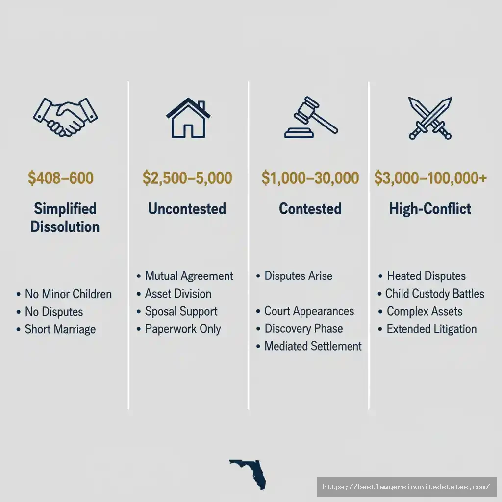 Florida divorce cost comparison chart showing simplified uncontested and contested divorce pricing ranges