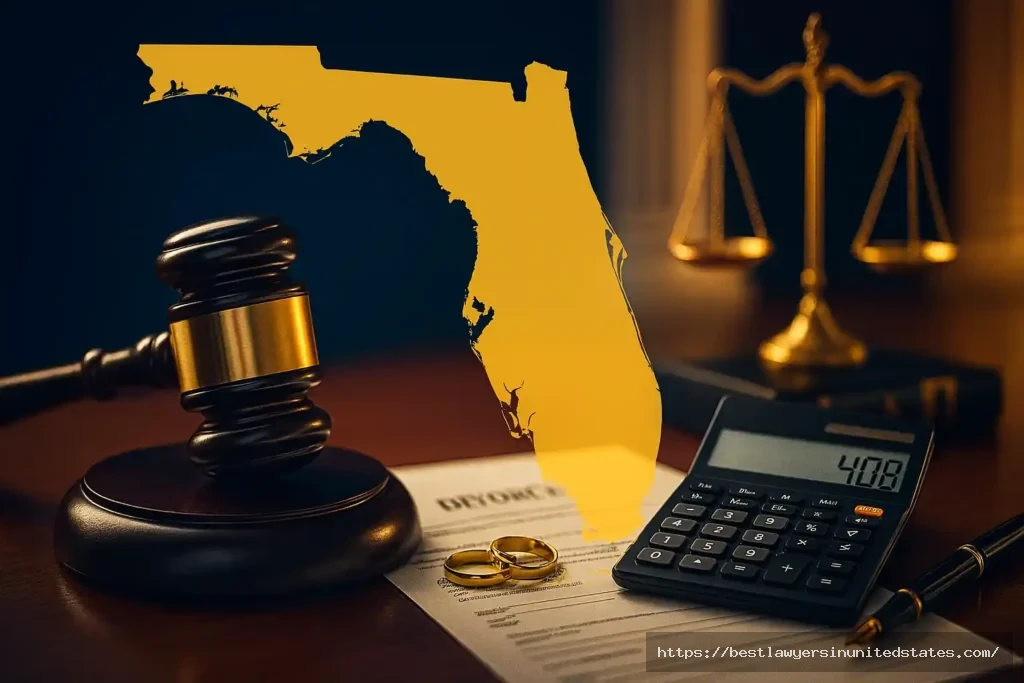 Florida divorce cost guide 2025 showing courthouse gavel calculator and legal documents with cost breakdown
