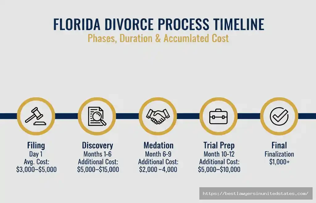 Florida divorce timeline showing payment schedule from filing through final judgment with cost phases