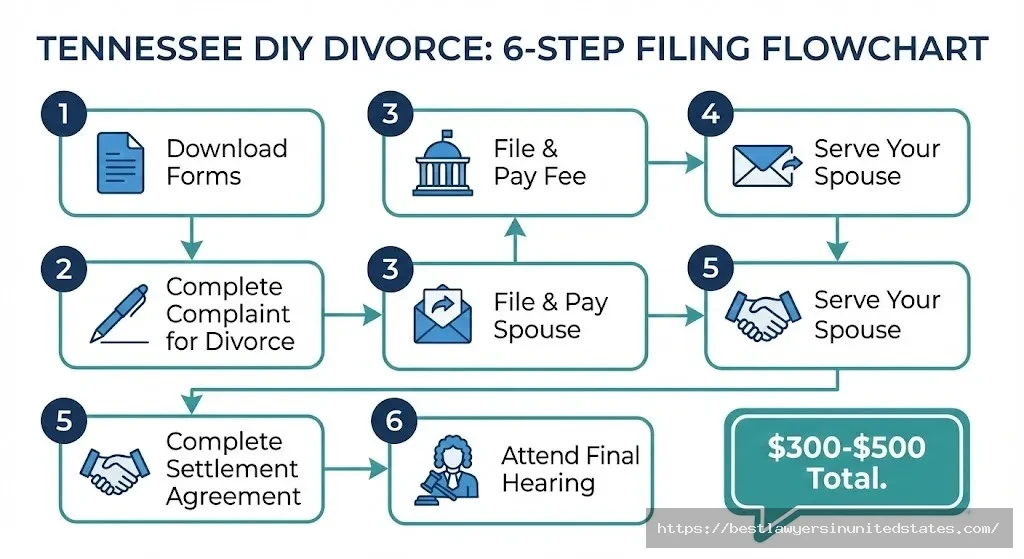 Flowchart showing 6 steps to file DIY divorce in Tennessee for $300-$500 total cost