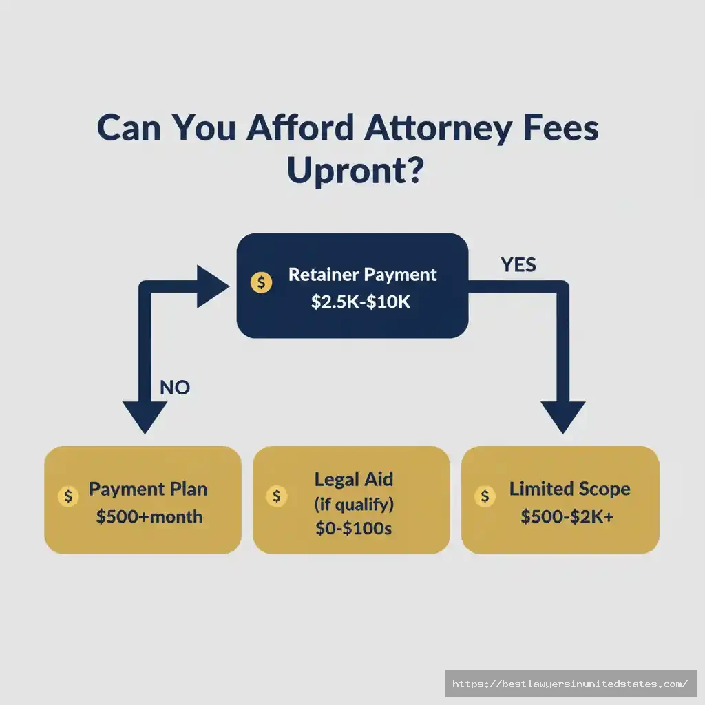 Flowchart showing North Carolina divorce payment options including retainer, payment plans, legal aid, and limited scope representation based on ability to pay