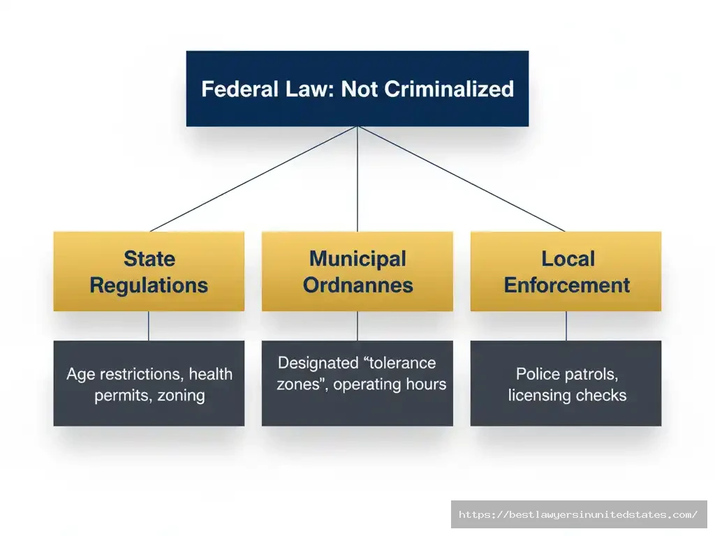 Flowchart showing federal versus state jurisdiction hierarchy for prostitution laws in Mexico