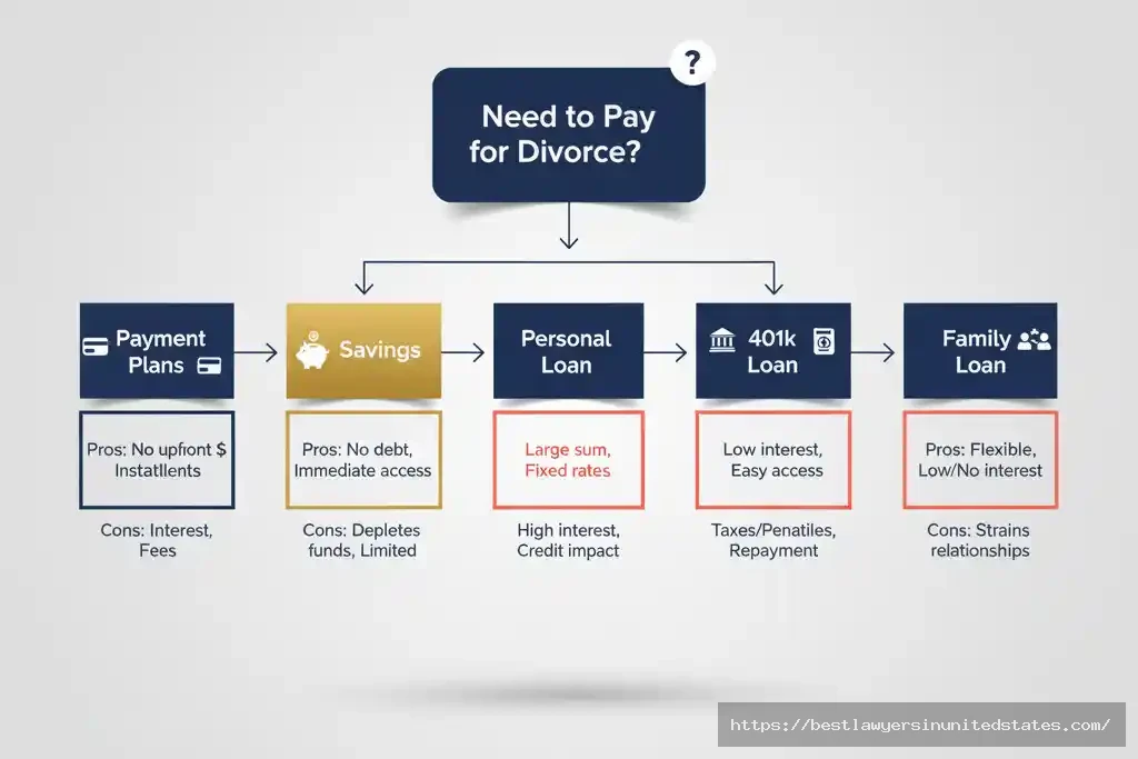 Flowchart showing five payment options for Texas divorce costs including payment plans, savings, loans, and family assistance