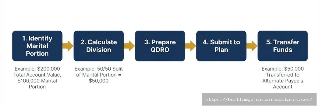 Flowchart showing five-step process for dividing 401k retirement accounts in Alabama divorce using QDRO to transfer funds without tax penalties