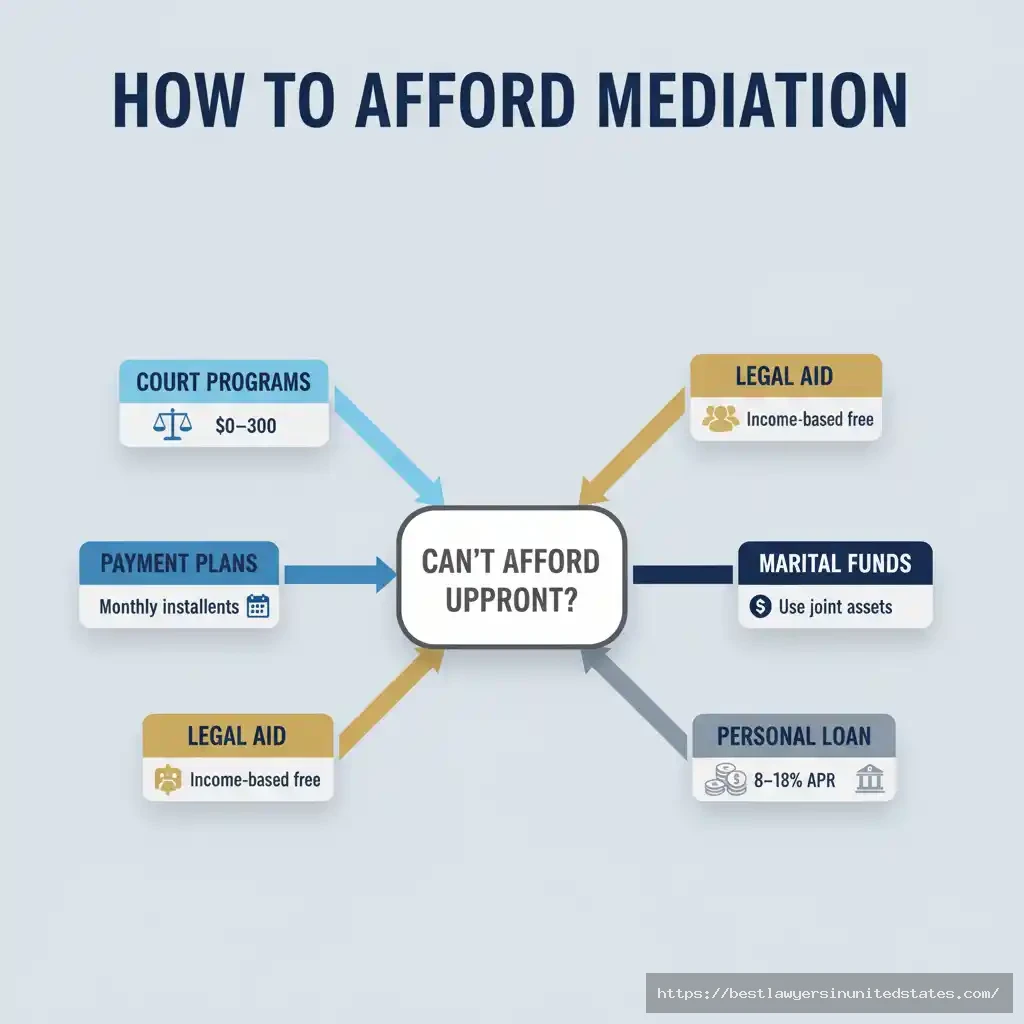 Flowchart showing five ways to afford divorce mediation including court programs, payment plans, legal aid, marital funds, and personal loans