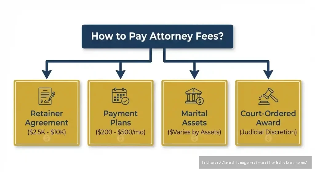 Flowchart showing four main options for paying divorce attorney fees including retainers payment plans and court awards