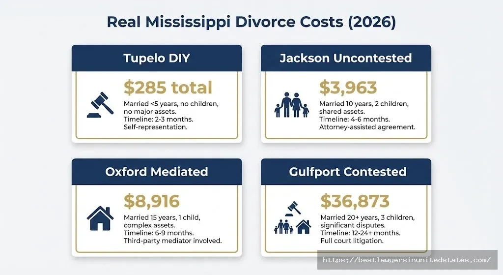 Four case study cards showing real Mississippi divorce costs ranging from $285 DIY divorce to $36,873 contested divorce with details