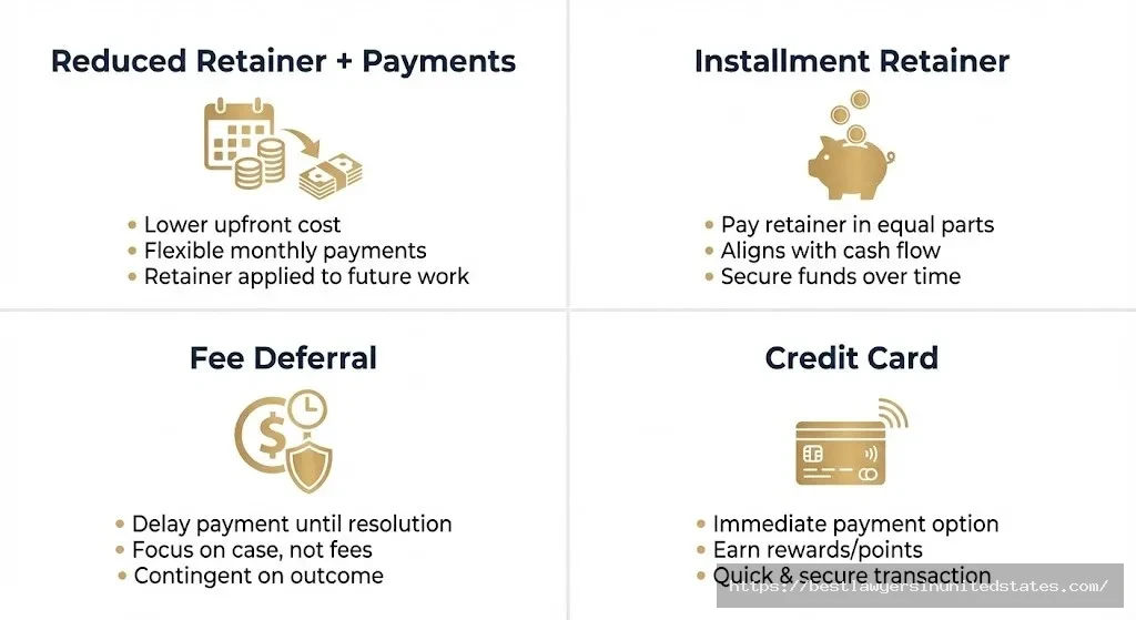 Four divorce lawyer payment plan options in South Carolina including reduced retainer, installments, and fee deferral agreements