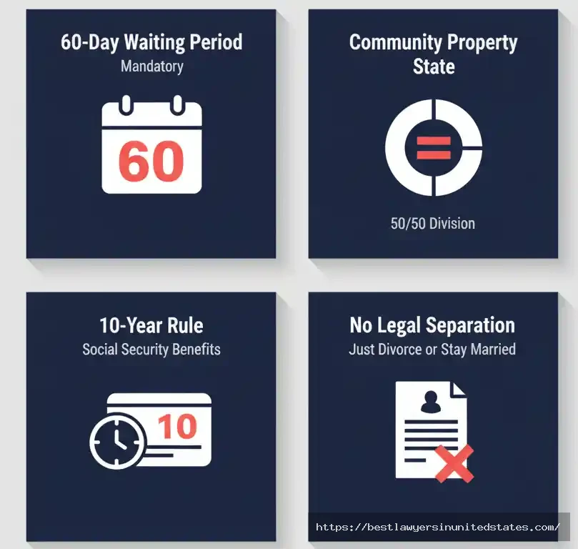 Four icon cards explaining Texas-specific divorce factors 60-day waiting period, community property laws, 10-year rule, and no legal separation