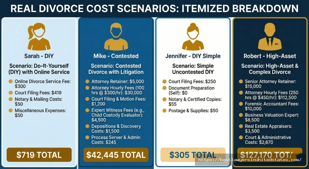 Four real Missouri divorce cost scenarios from DIY to high-asset contested cases with total expenses