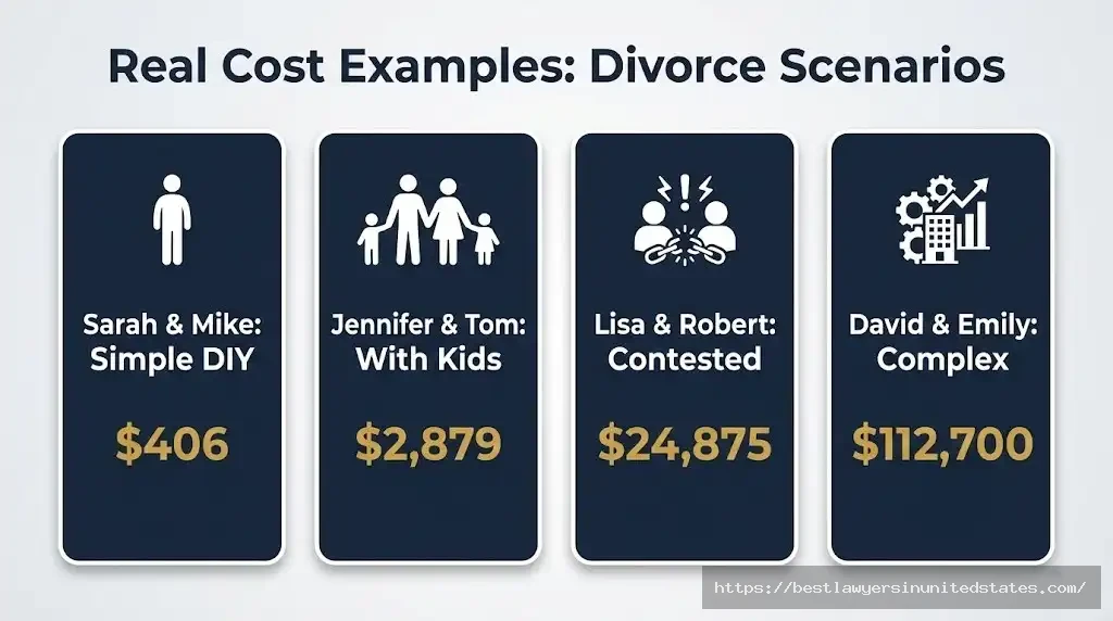 Four real Washington divorce cost scenario examples from simple DIY to complex high-conflict cases