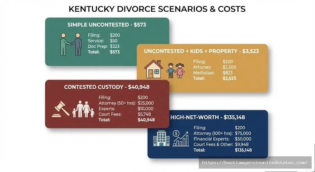 Four real-world Kentucky divorce cost scenarios ranging from $573 simple uncontested to $135,148 high-net-worth case