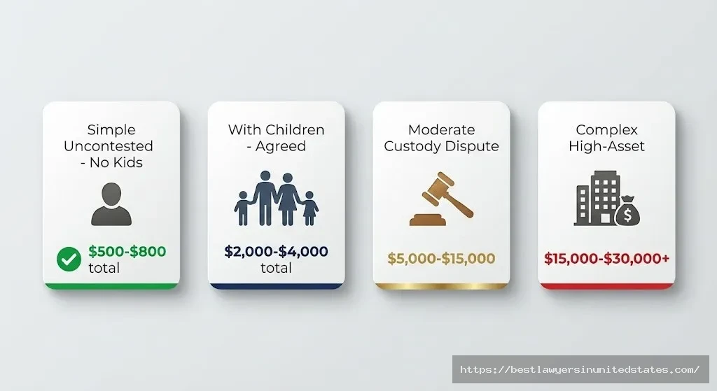 Four realistic Kansas divorce cost scenarios from simple uncontested at $500 to complex high-asset cases at $30,000+