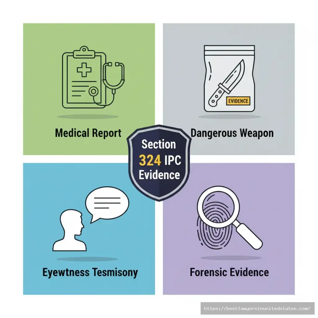 Four types of evidence required in Section 324 IPC cases medical reports, weapon examination, eyewitness testimony, and forensic analysis