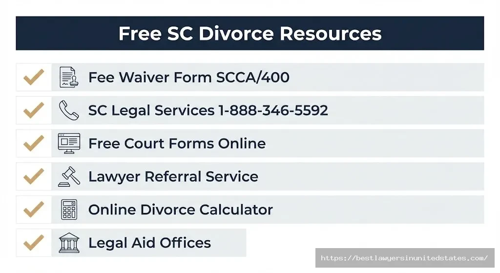 Free South Carolina divorce resources checklist including legal aid services fee waivers and online forms for low-cost divorce filing
