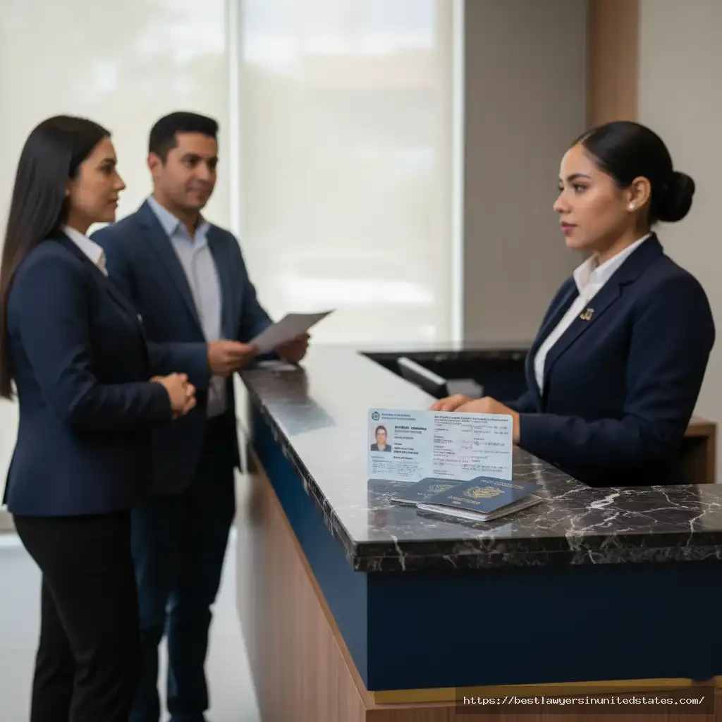 Front desk staff checking guest identification documents as part of Colombian hotel compliance
