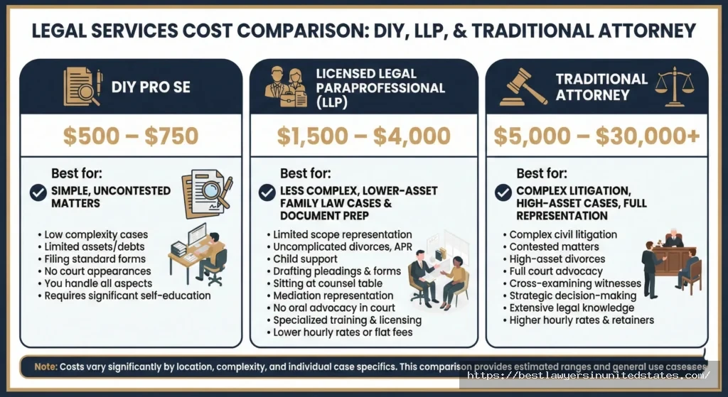 Cost comparison between DIY divorce, LLP services, and traditional attorneys in Colorado