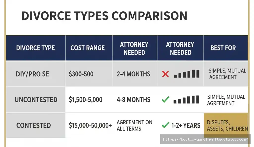 Georgia divorce types cost comparison table 2025 - uncontested, contested, DIY, and mediated divorce expenses