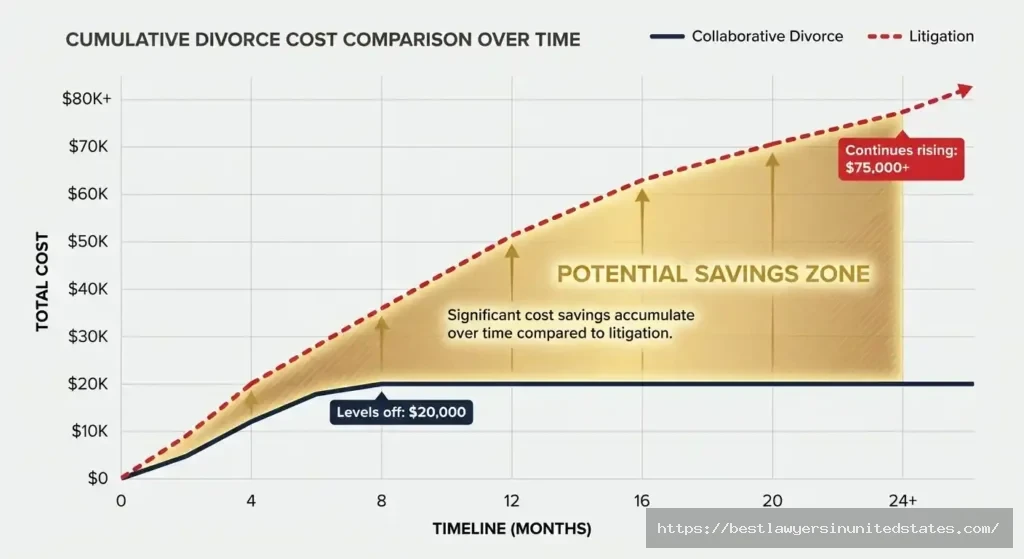 Graph comparing collaborative divorce costs at $20000 in 8 months versus litigation costs at $70000 over 24 months