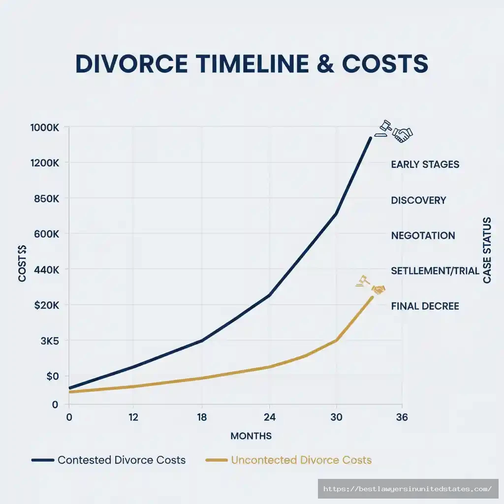 Graph comparing divorce costs over time showing uncontested cases remain low-cost while contested cases escalate significantly