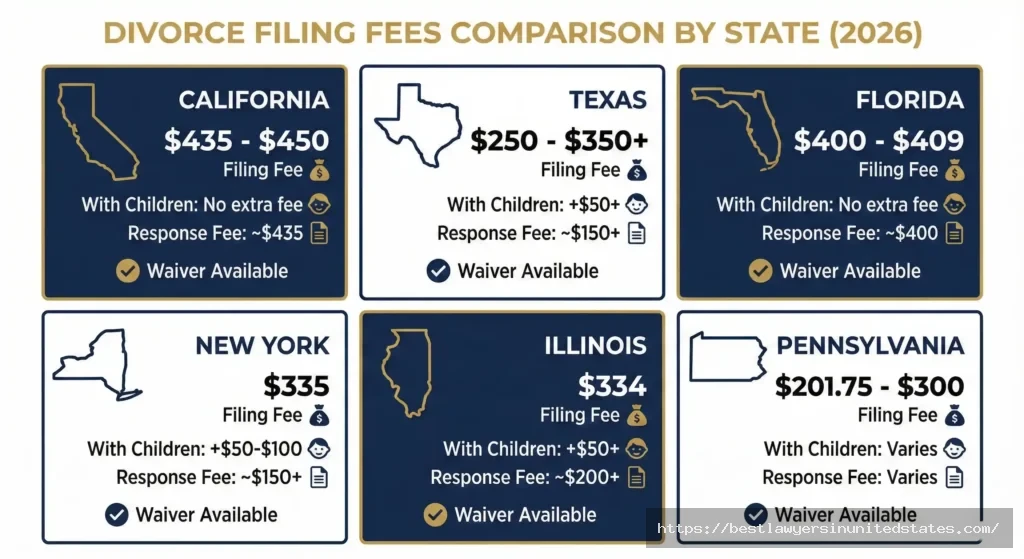 Grid comparing divorce filing fees across California, Texas, Florida, New York, Illinois, and Pennsylvania with cost breakdowns