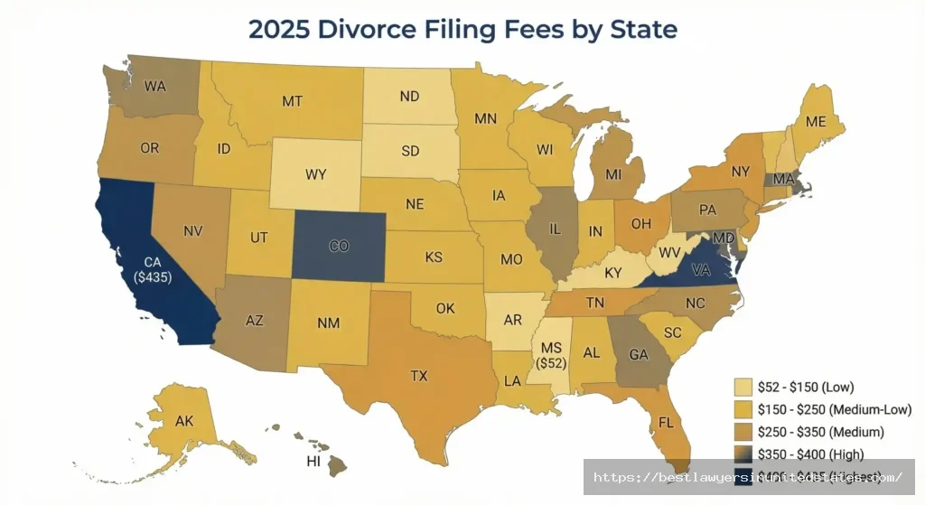Heat map of United States showing divorce filing fees by state from $52 in Mississippi to $435 in California