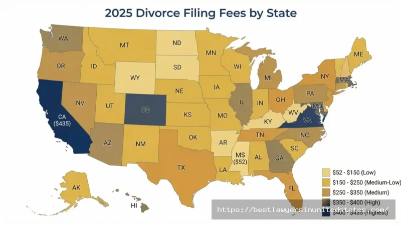 Heat map of United States showing divorce filing fees by state from $52 in Mississippi to $435 in California