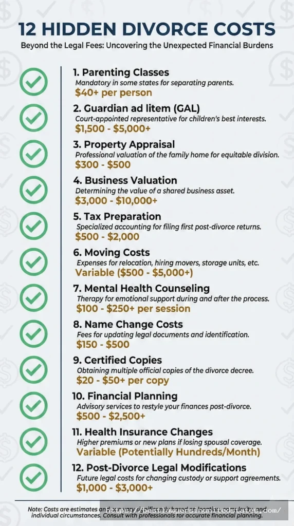 Hidden Wisconsin divorce costs checklist including parenting classes, guardian ad litem fees, appraisals, and post-divorce expenses often overlooked