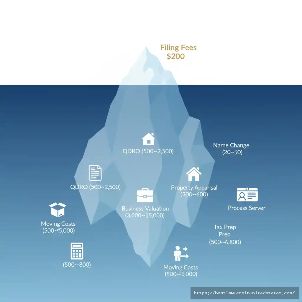 Hidden divorce costs iceberg showing unexpected expenses beneath the surface in Michigan