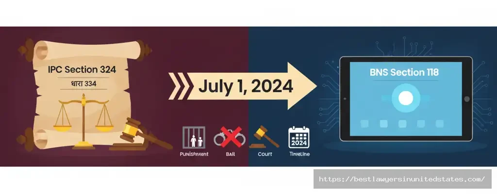 IPC Section 324 to BNS Section 118 conversion infographic showing unchanged punishment, bail status, and effective date July 2024