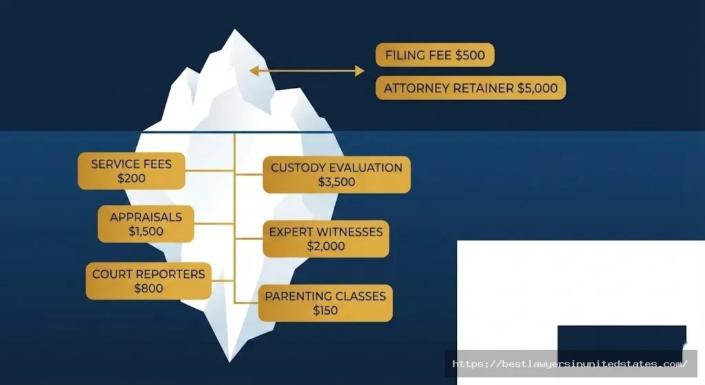 Iceberg diagram showing visible Alabama divorce costs like filing fees above water and hidden costs like custody evaluations