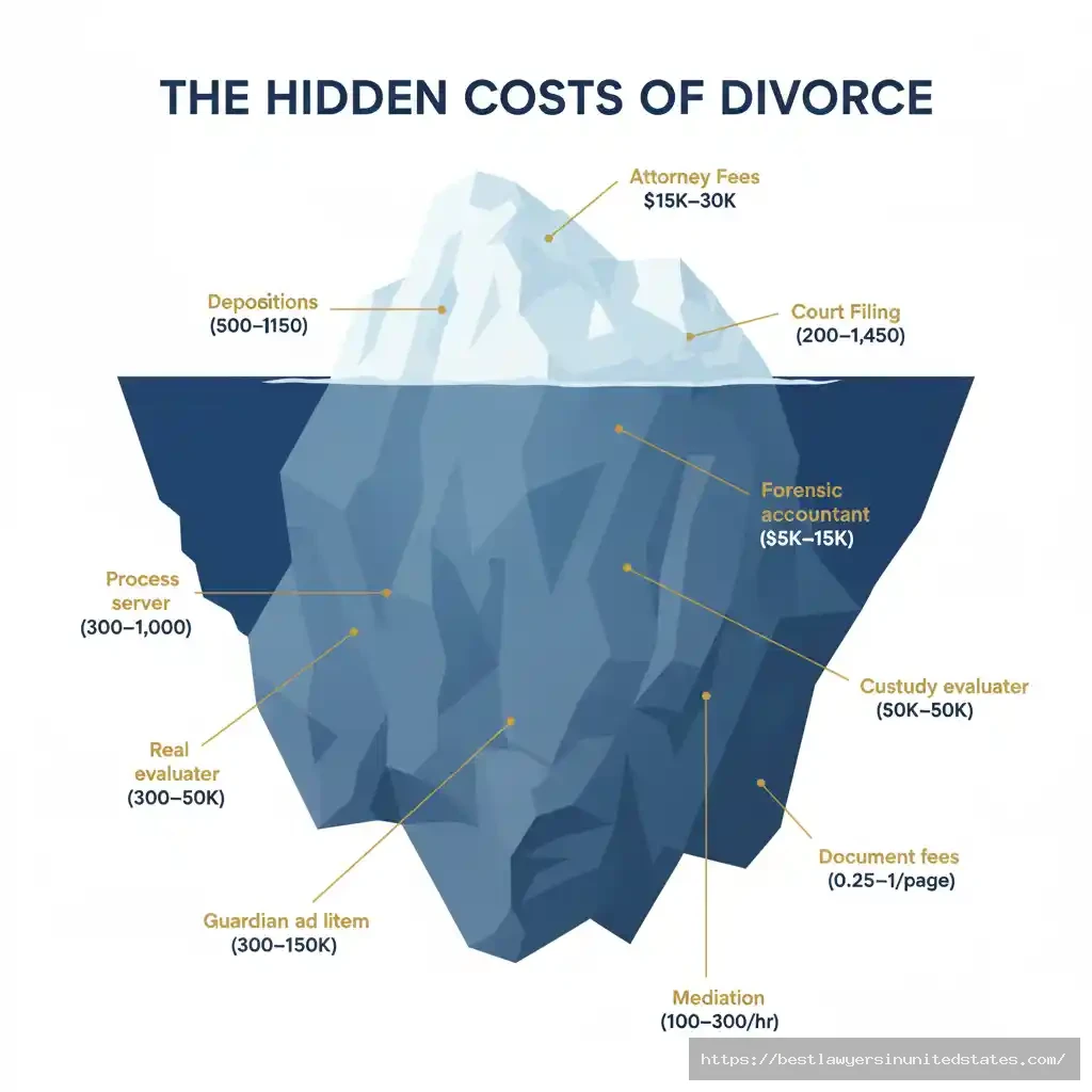 Iceberg illustration showing visible attorney fees above water and hidden divorce costs like expert witnesses and depositions below