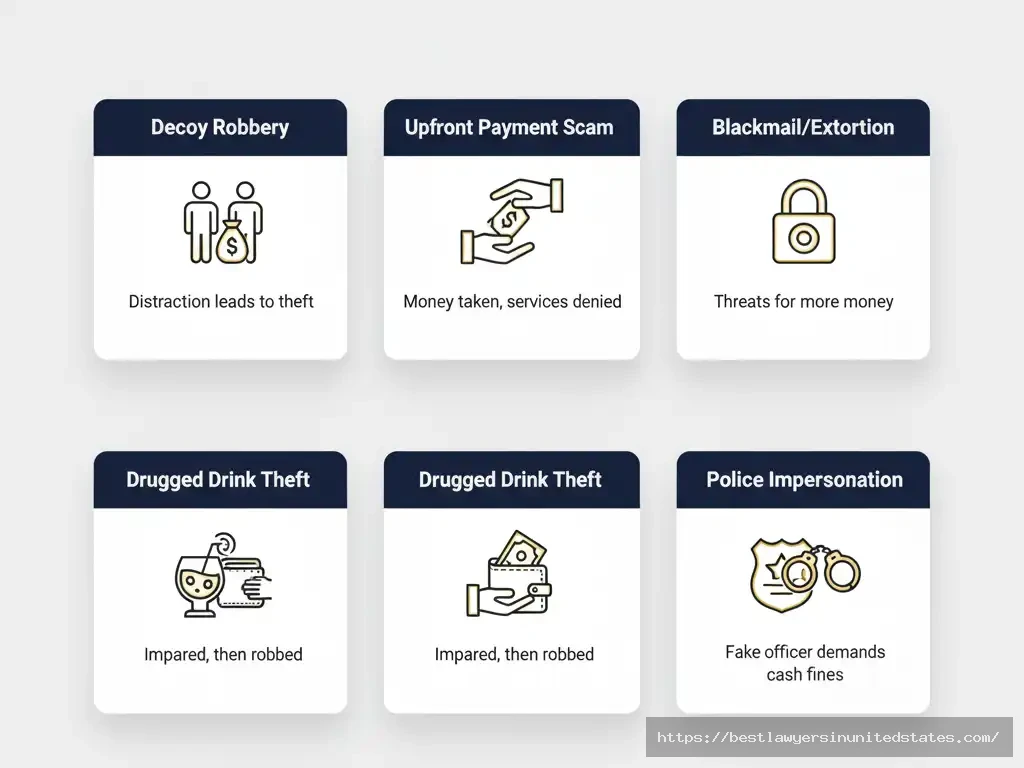 Icon-card infographic summarizing common scams and safety warnings related to illegal prostitution