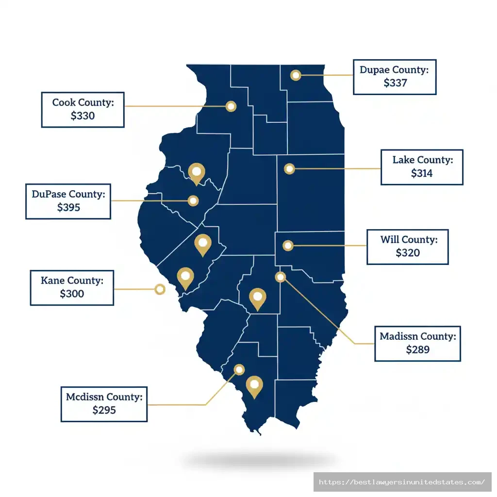 Illinois county map showing divorce filing fees Cook County $388, DuPage $337, Lake $337, and other major counties