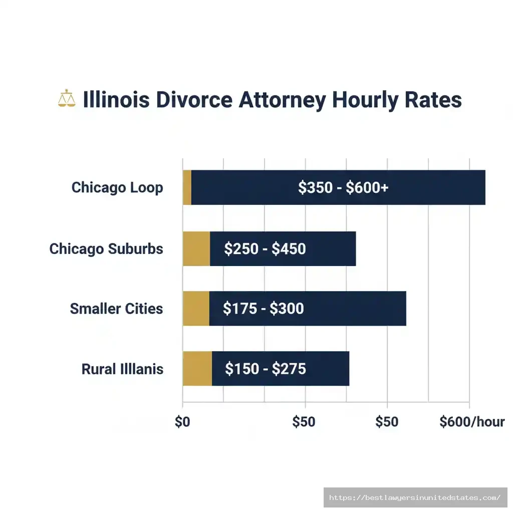 Illinois divorce attorney hourly rate comparison by region Chicago Loop $350-$600, suburbs $300-$450, rural areas $175-$275