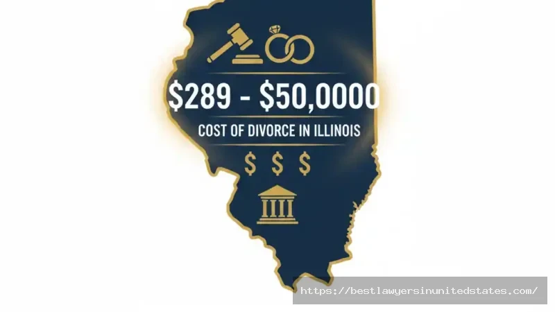 Illinois divorce cost breakdown infographic showing filing fees and attorney costs ranging from $289 to $50,000