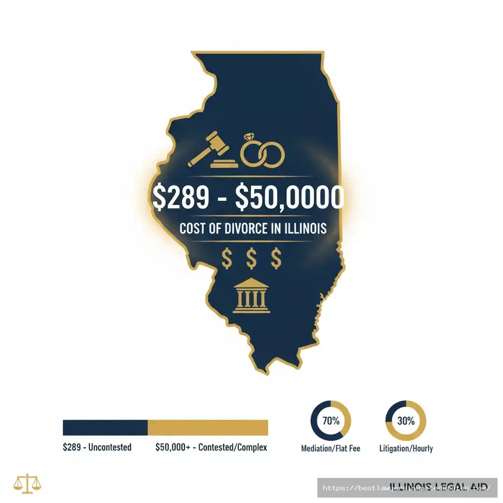 Illinois divorce cost breakdown infographic showing filing fees and attorney costs ranging from $289 to $50,000