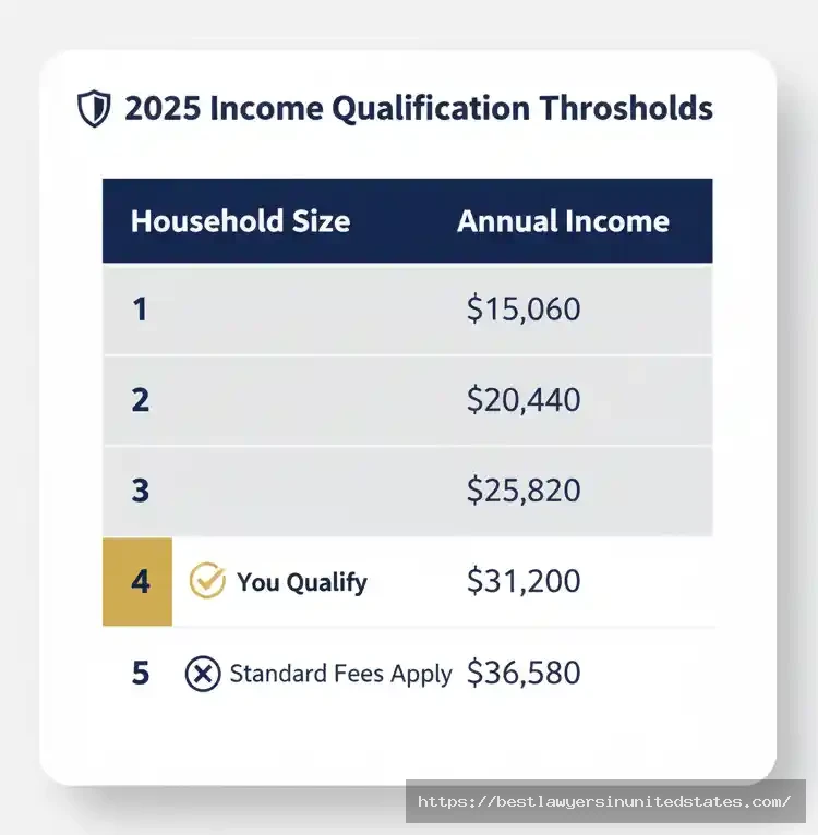 Illinois divorce fee waiver income qualification table 2025 thresholds from $20,783 for 1 person to $50,479 for 5-person household