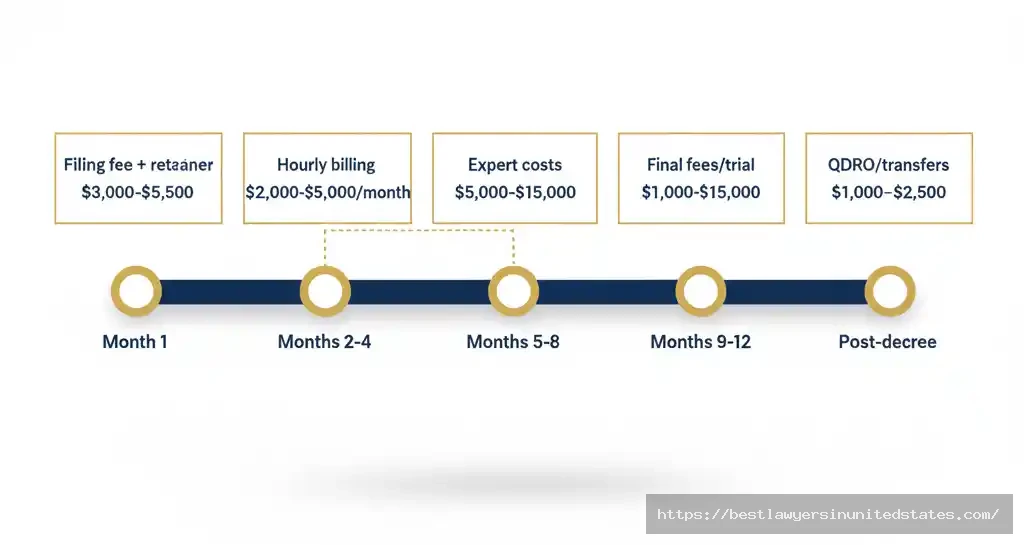 Illinois divorce payment timeline showing when costs occur initial fees, hourly billing, expert costs, trial expenses, and post-decree fees