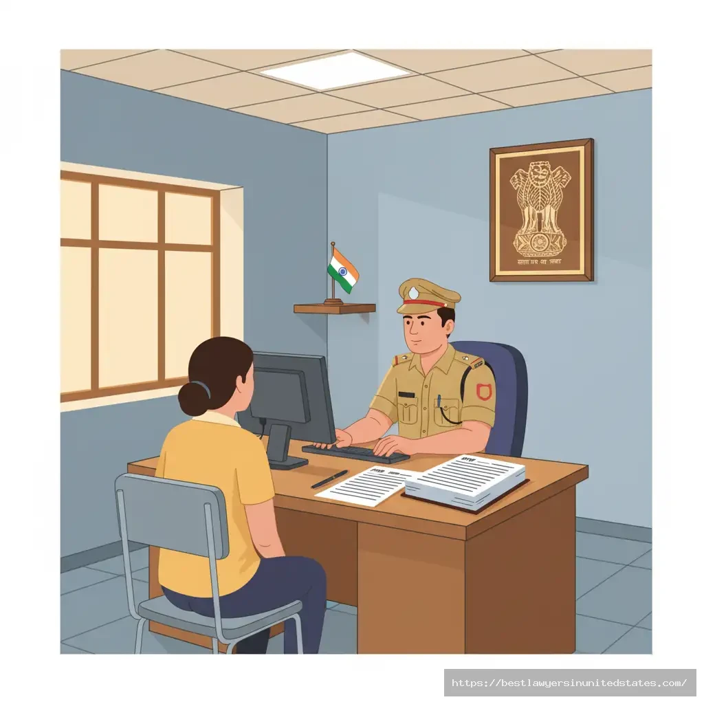 Illustration of filing FIR at police station for Section 351 BNS criminal intimidation case showing civilian with police officer