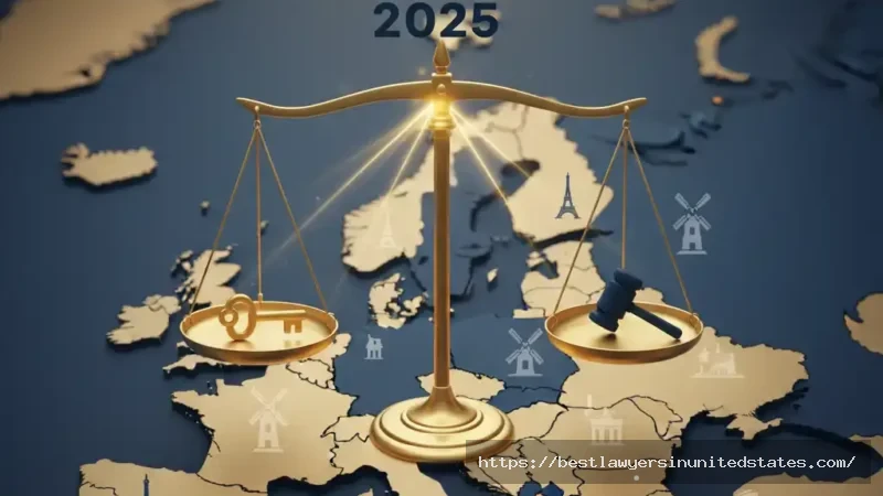 Illustration of justice scale over European map symbolizing prostitution laws across Europe 2025.