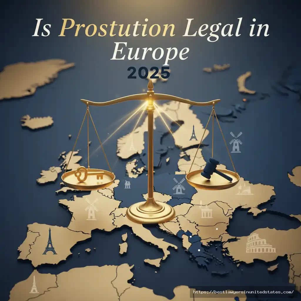 Illustration of justice scale over European map symbolizing prostitution laws across Europe 2025.